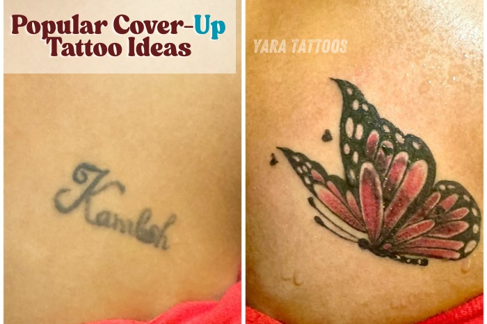 Cover-up tattoo transformation by Yara Tattoos in Coimbatore, turning an old name tattoo into a vibrant butterfly design