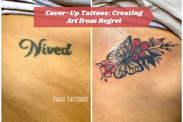 Creatively transforming an old name tattoo into a vibrant floral and butterfly design by Yara Tattoos in Coimbatore