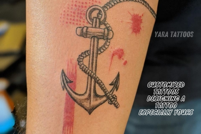 Personalized tattoo artistry Get custom nautical-themed tattoos like this detailed anchor design at Yara Tattoos, Coimbatore