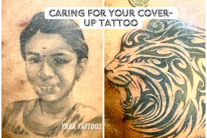 Powerful cover-up tattoo done at Yara Tattoos in Coimbatore, skillfully transforming an old portrait tattoo into a bold, tribal lion design