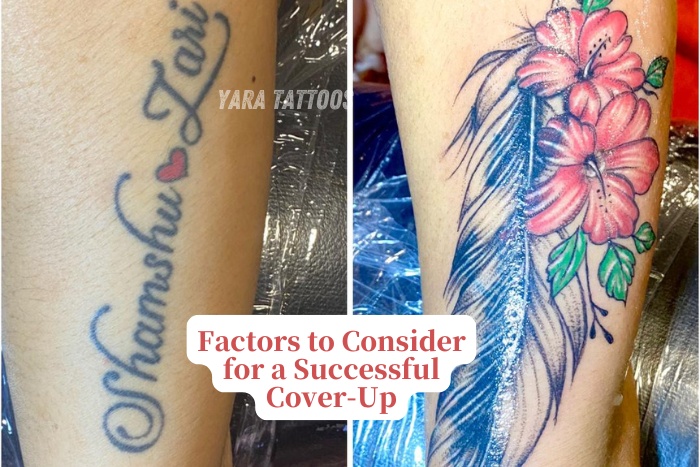 Yara Tattoos in Coimbatore, transforming an old name tattoo into a stunning floral and feather cover-up design