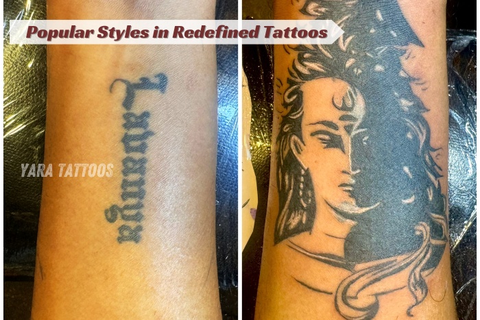 Powerful tattoo transformation by Yara Tattoos in Coimbatore, where an old name tattoo is redefined into a stunning Lord Shiva portrait