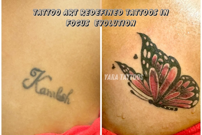 Yara Tattoos in Coimbatore, where an old name tattoo is redefined into a vibrant butterfly design