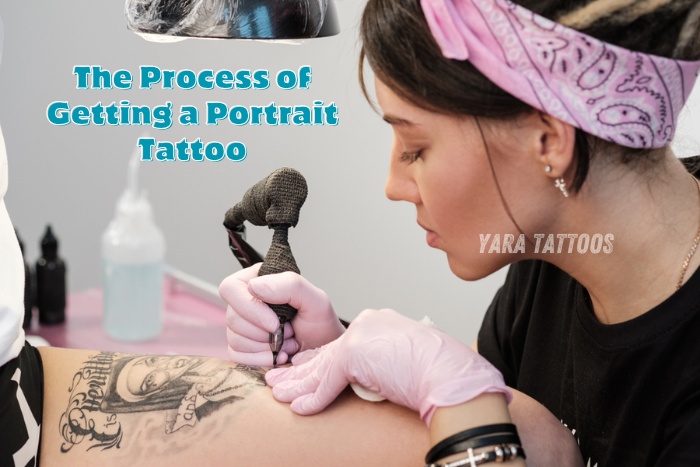 A professional tattoo artist from Yara Tattoos in Coimbatore is seen creating a detailed portrait tattoo with focus and precision